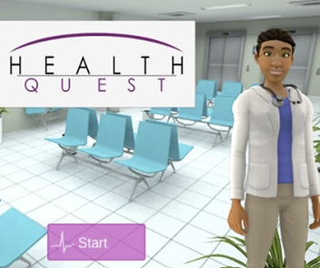 Animated game character standing next to a Health Quest sign.