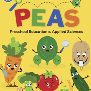 Colorful PEAS Logo with pictures of various cartoon vegetables