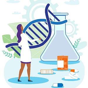 Cartoon of a researcher holding a DNA double helix and standing in front of a life-sized chemistry flask, a large prescription pill bottle, and pills on the ground.