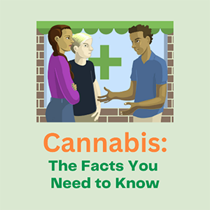 Cartoon of three people talking with accompanying text that reads: Cannabis: The Facts You Need to Know.