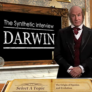 Screenshot of the app, showing a person representing Charles Darwin standing next to a chalkboard with writing that says Darwin The Synthetic Review. At the bottom is the Select a Topic menu with one of the options being the topic called The Origin of Species and Evolution.