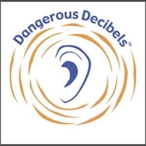Illustration of a human ear encircled by sound waves with text that reads, Dangerous Decibels.