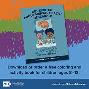 The coloring book cover, with accompanying text that reads: Download or order a free coloring book for children ages 8-12!