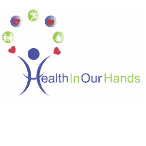 Text that reads, Health in Our Hands, with the first letter H resembling a human figure. Small icons float above the figure: hearts, a family, a person running, an apple, and a water drop.