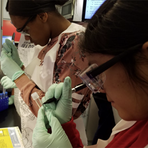 Two students conducting experiments using glass culture tubes inside a mobile lab.
