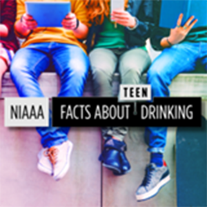 Three students sitting outside on a retaining wall. One student reads from a tablet, one reads from a cell phone, and the other reads from a book. Text reads, NIAAA Facts About Teen Drinking.