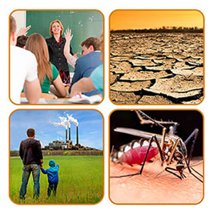 A collage of four images: A classroom with a teacher and students, a ground view of a desert, a person and their child staring at pollution coming from an industrial plant, and a mosquito biting a person’s skin.
