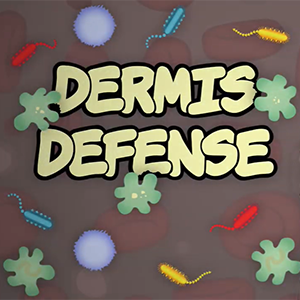 Cartoon of colorful bacteria surrounding text that reads Dermis Defense.