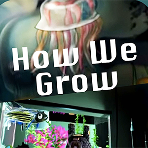 Cartoon of a bedroom where a jellyfish, flowers, and other organic matter are growing.