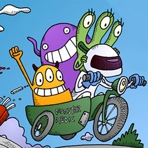Cartoon of four monsters riding a motorcycle with sidecar that says Monster Medic on it.