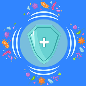 Cartoon of a shield decorated with a plus sign acting as a barrier to keep colorful microbes from reaching it.