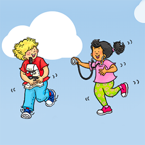 Cartoon of two kids, one holding a microscope and the other holding a stethoscope.