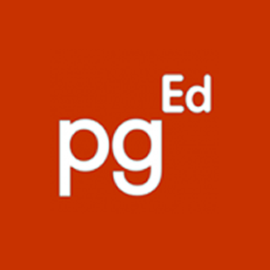 White text that reads Pg ED against a red background.