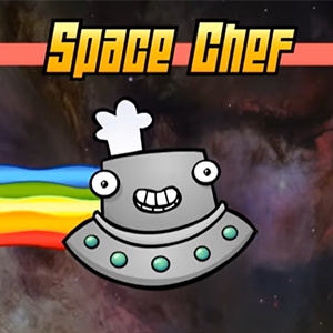 Cartoon of a spaceship wearing a chef’s hat, with a rainbow trailing behind it. Accompanying text reads, Space Chef.