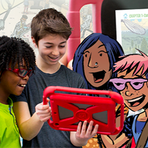 Two real kids standing with two cartoon kids, all smiling and looking at a tablet screen.