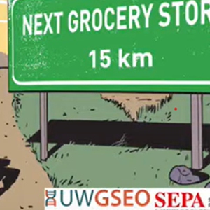 A screenshot of a video from a lesson on diabetes, showing a sign along a dirt road that reads Grocery Store, 15 km.
