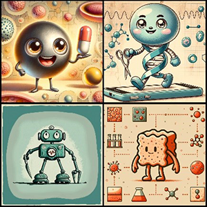 Collage of four cartoons: A silver orb character holding a pill capsule, a DNA double helix character holding scissors, a robot holding a surgical tool, and a square-shaped character surrounded by icons of different biomaterials.