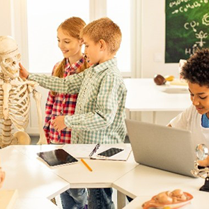 Two young students studying a skeleton model while another student sits at a table working on a laptop.