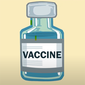 Drawing of a glass vial with a label that reads, vaccine.